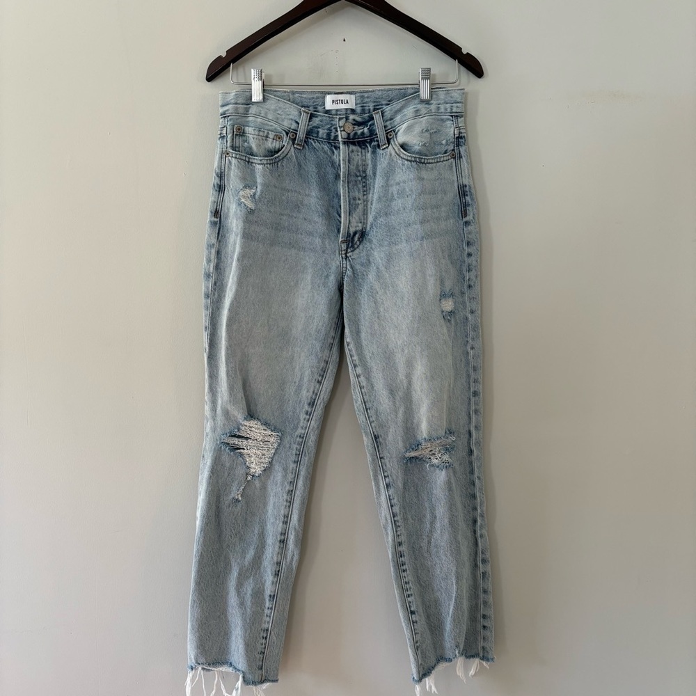 Pistola Light Wash Cotton Denim Distressed Cropped Straight Jeans Size 28